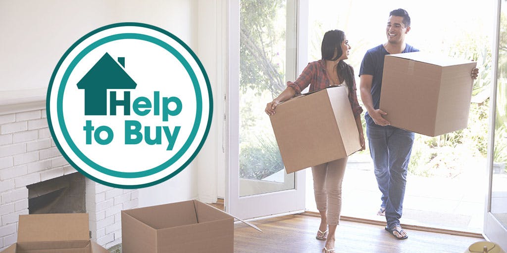 young couple moving into new home with Help to Buy logo watermark